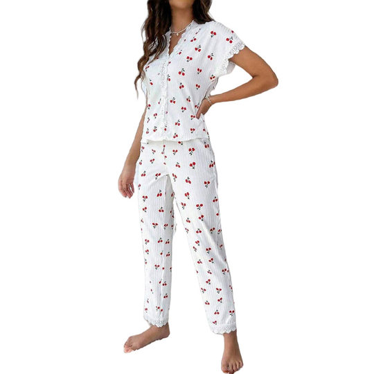 European and American Cross-border Hot-selling Home Clothes Cherry Printed Short-sleeved Lapel Pajamas Women's Outer Wearing Pants Two-piece suit