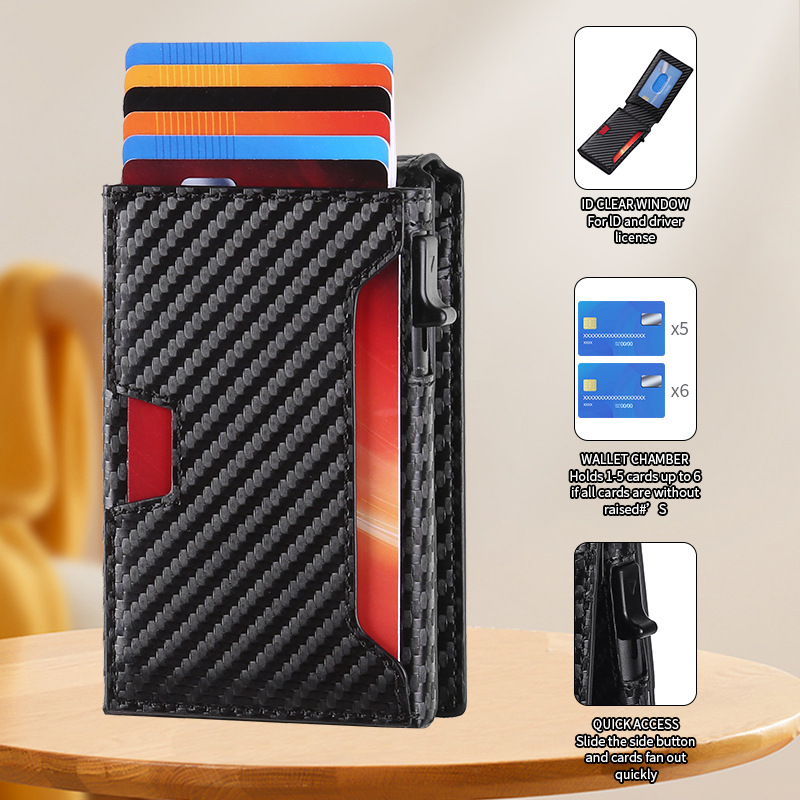 Amazon venta caliente de fibra de carbono lateral empuje bolsa de tarjetas antirrobo cepillo flip caja de tarjetas cartera flip transfronteriza stock