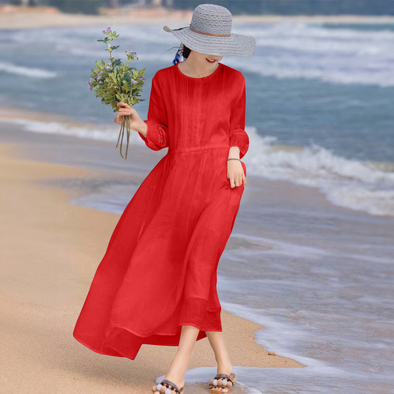 Elegant Fairy Red Ramie Dress for Women 2025 Summer High-End Seaside Sanya Vacation Travel Long Dress