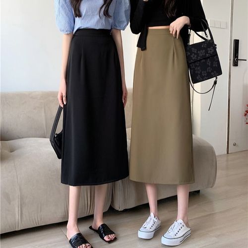 2024 Summer Plus Size Heavyset Women's Black High-Waisted Medium-Length Slit A-Line Skirt Bodycon Skirt