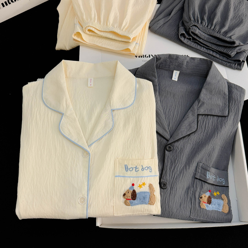 Couple Pajamas for Women and Men, Spring and Autumn Cloud Cotton Cardigan and Long Pants, Cartoon Dachshund Loungewear, Live Broadcast Style