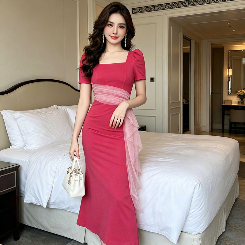 Váy suông nữ cổ vuông phối lưới voan tay ngắn thanh lịch — màu hồng đậm chi tiết 5