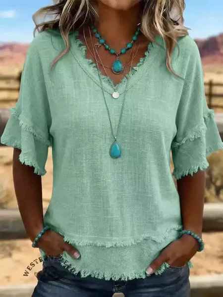2026 Summer New European and American Style Loose V-Neck Fringed Short-Sleeve T-Shirt Solid Color Casual Top Cross-Border Women's Shirt