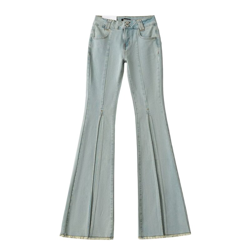 Internet-Red Blogger Niche Stitching Low-Waist Slimmer Jeans Spring and Summer Washed Fur-Edge Slim-Fit Wide-Leg Trousers