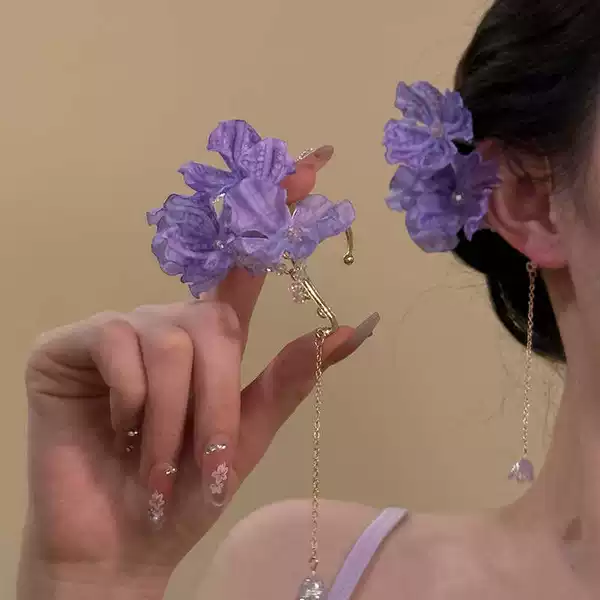 Retro Blue Flower Ear-Hanging Earrings Without Ear Piercings, Holiday-Style Atmosphere Earrings for Seaside Photos