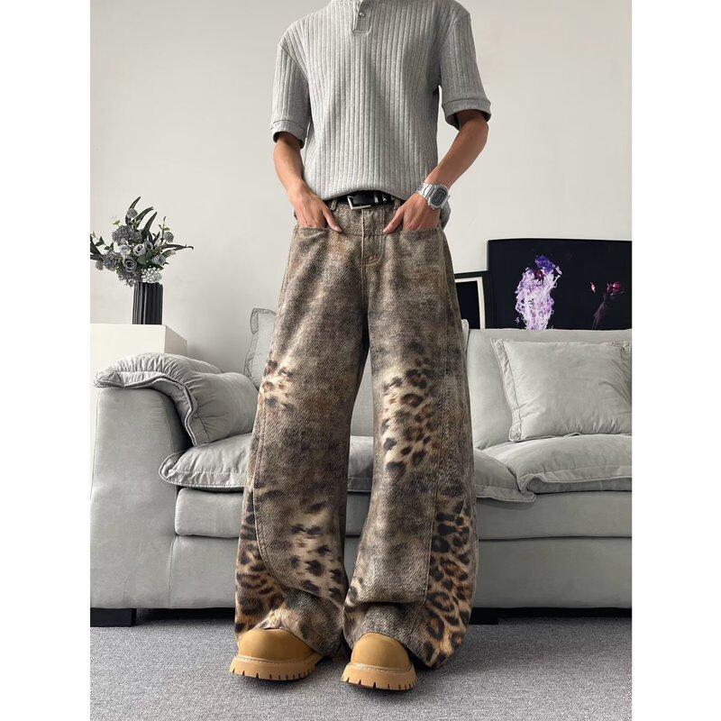 New Original American Retro Patchwork Washed Leopard Print Jeans for Men and Women with Deconstructed Design and Wide-Leg Scimitar Pants