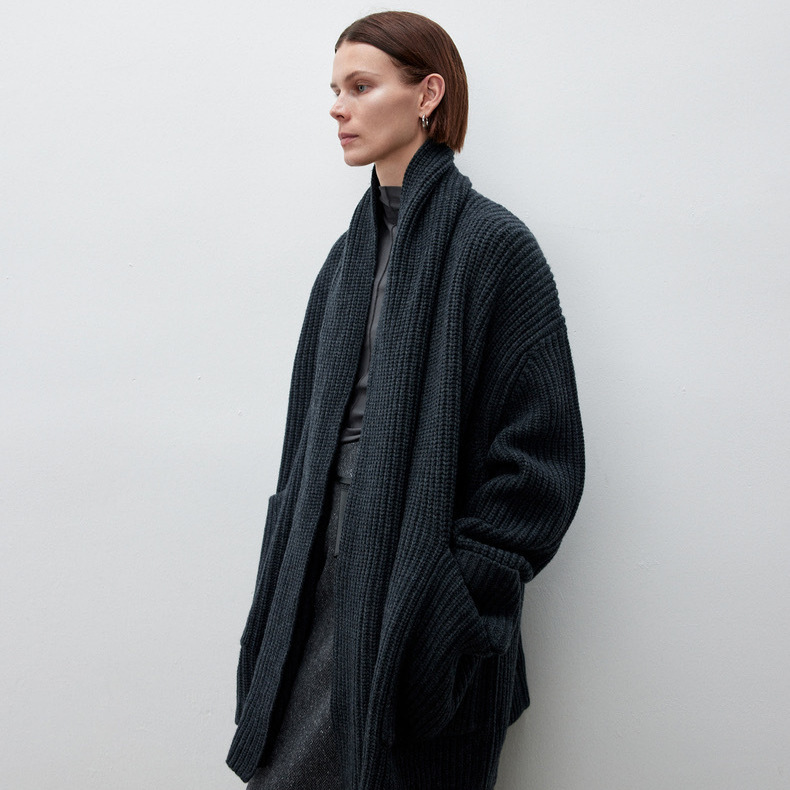 Chicjoc Counter Same Style Soft and Thick Pure Wool Velvet Relaxed Scandinavian Style Retro Thick Needle Scarf Collar Cardigan