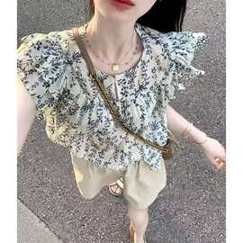 法式碎花短袖衬衫女夏季荷叶边娃娃衫衬衣雪纺小衫短款小飞袖上衣