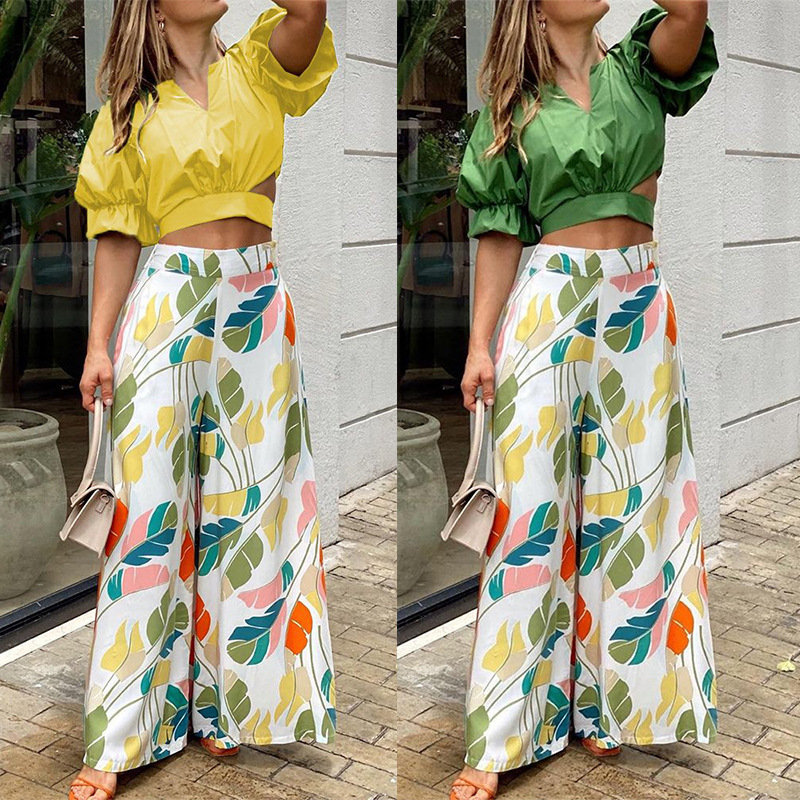 European And American Women's Clothing Cross-border New Casual Suit V-neck Short-sleeved Shirt High-waist Printing Wide-leg Trousers Two-piece Set