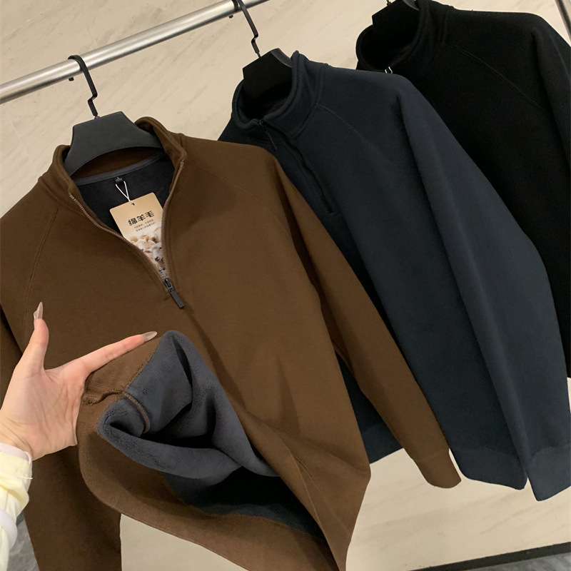 櫃399!綿yang毛混紡+奧粒絨複合!秋冬純色百搭半高領抓絨衫衛衣男