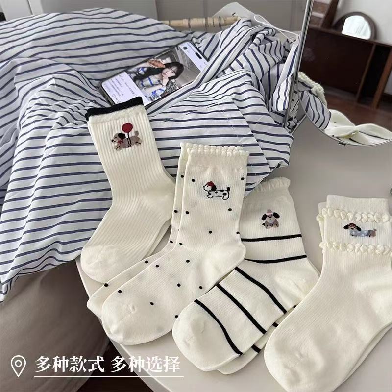 Cute Puppy Spring and Summer White Socks for Women Ins Trendy Mid-Calf Cotton Socks Mesh Dachshund Dog Bubble Lace Jk Style