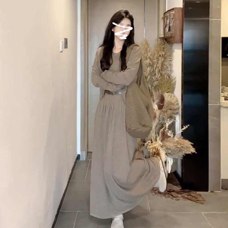2024 년 새 초가을 니트 긴팔 원피스 여성 한국식 분위기 착용 우아한 긴 원피스 패션