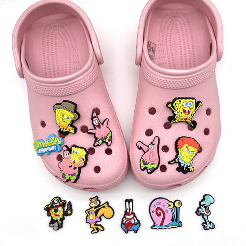 Cute Cartoon Spongebob Series Crocs Shoes Flower Shoe Buckle Beach Garden Shoe PVC Soft Rubber Decorative Buckle