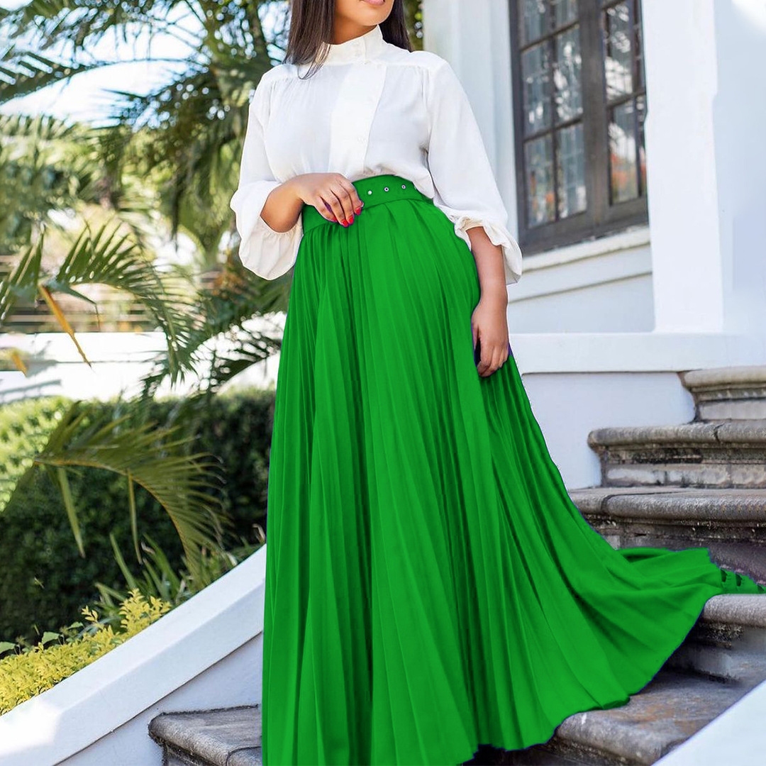 C8499P Spot with Belt European and American Women's Elegant Elegant Pleated Personality Large Skirt Skirt Foreign Trade Skirt
