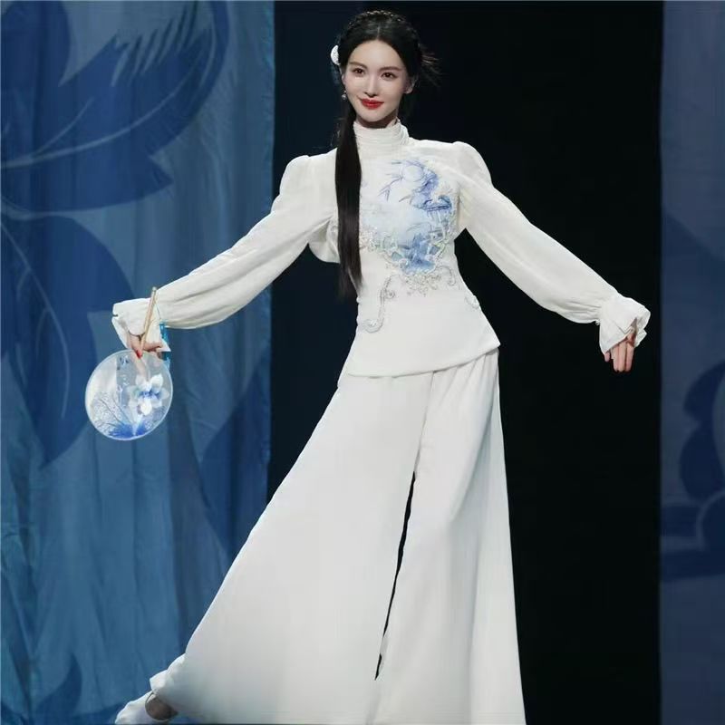 New Jin Chen Style New Chinese National Style Blue and White Porcelain Print Top Casual Pants Wide-Leg Pants Suit Classical Dance