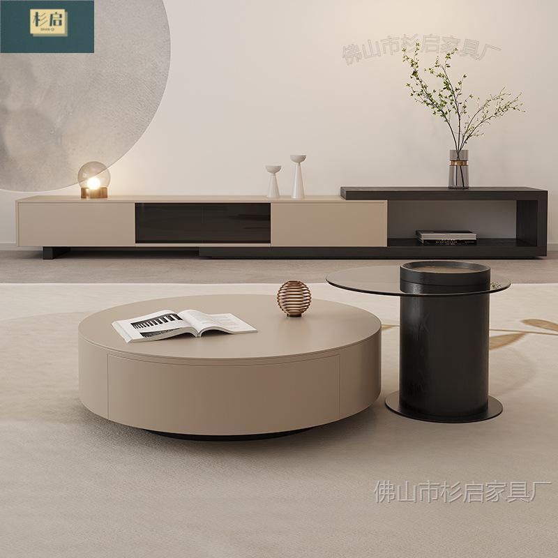 Italian Minimalist Round Retractable Coffee Table Tv Cabinet Set Small Apartment Living Room Cream Style Simple Modern Round Coffee Table