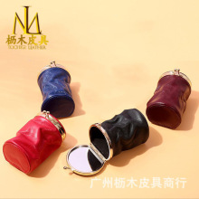 韩版油蜡牛皮带化妆镜化妆品收纳包 复古蛙嘴式女士随身口红小包