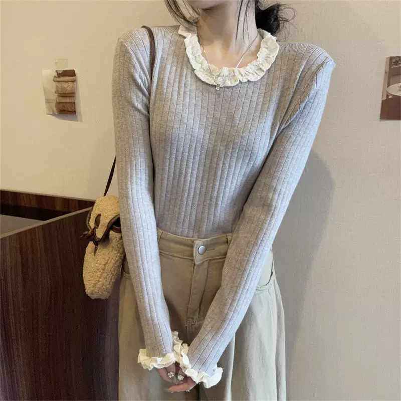 Lace knitted body-friendly spring fitted sweater