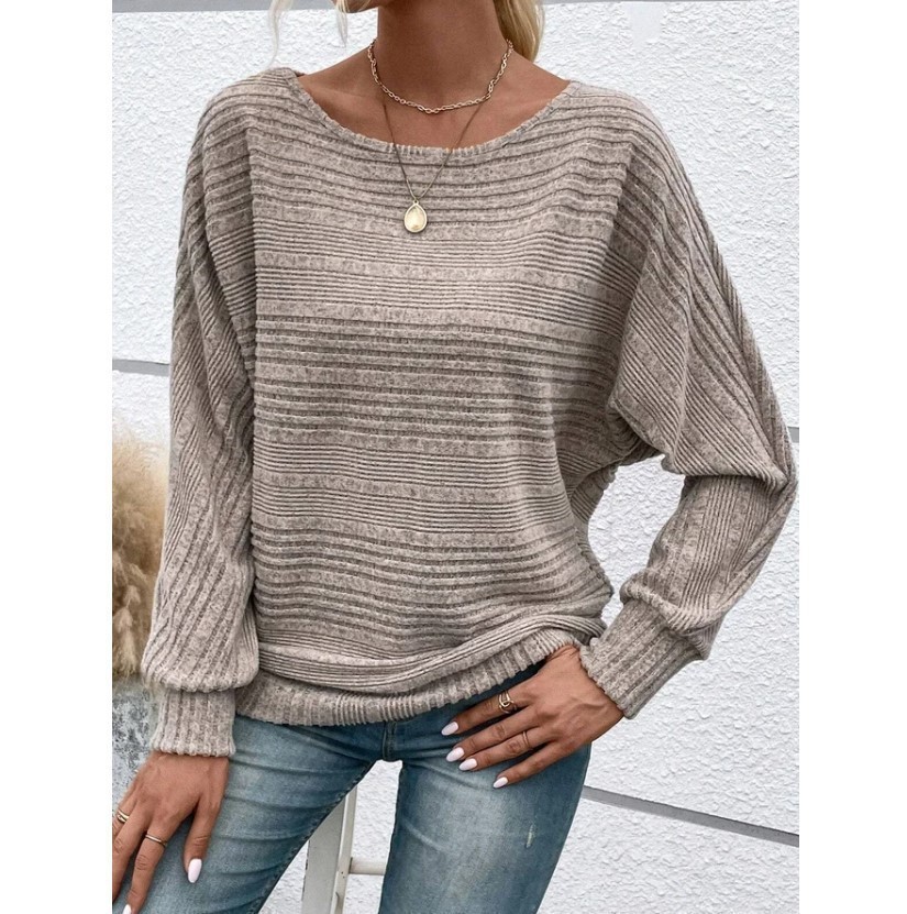 European and American Cross-Border Amazon Independent Station Autumn and Winter Sweaters Pure Color Women's Stripesd Round Neck Splicing Pullover Tops T-Shirts for Women