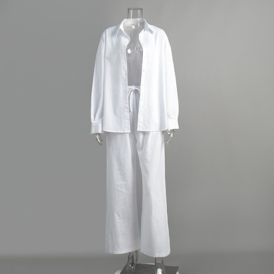 Bộ áo sơ mi dài tay rộng rãi kèm quần dài cotton phong cách thường ngày — Màu trắng nhạt, hồng, màu cà phê, màu trắng