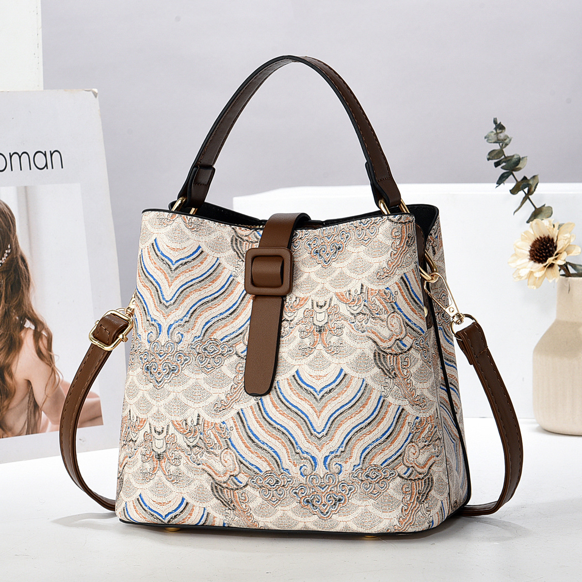 Bolsa de cubo tradicional fábrica de bolsos de mujer bolsos de moda de comercio exterior versátil bolsos de hombro