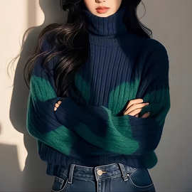 藏蓝色独特漂亮高领毛衣女款2024新款冬季保暖加厚内搭超好看上衣