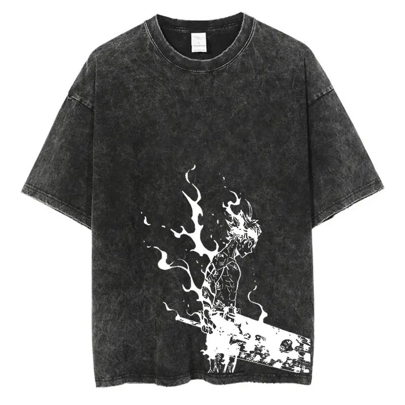 Loose Harajuku Style T-Shirt Anime Streetwear New Fashion Washed Black Comfortable Clover 2025 Station