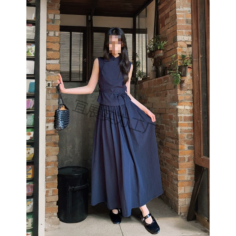 Китайский стиль красоты: новый элегантный жилет с воротником стойкой + юбка, комплект из двух предметов для женщин, лето 2025