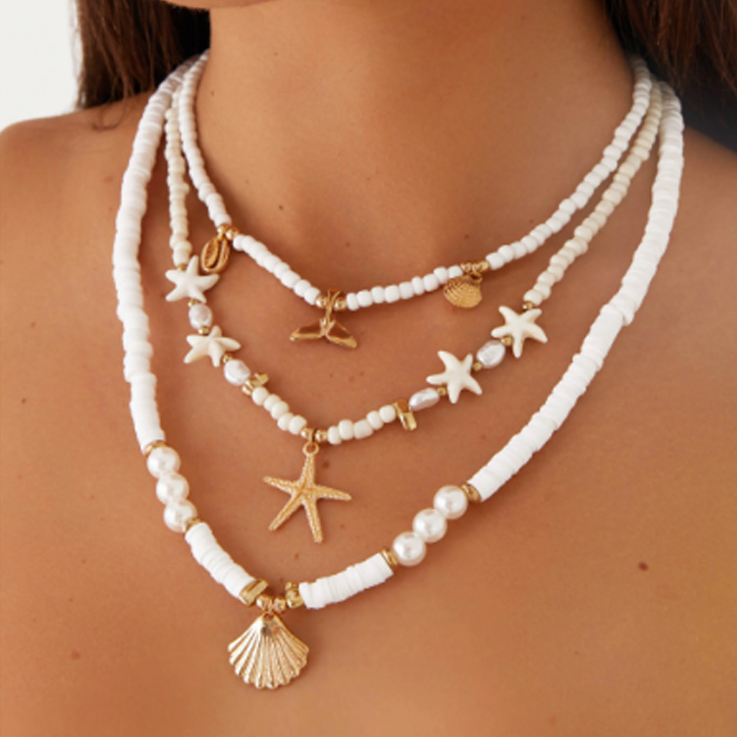 Set collana tre pezzi stella marina conchiglia e perle stile mare_voghion.com