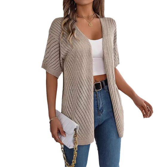 Real Shot Summer New Summer European and American Hollow Short-sleeved Knitted Cardigan Holiday Sun-protective Shirt Independent Station Cross-border Women's Wear