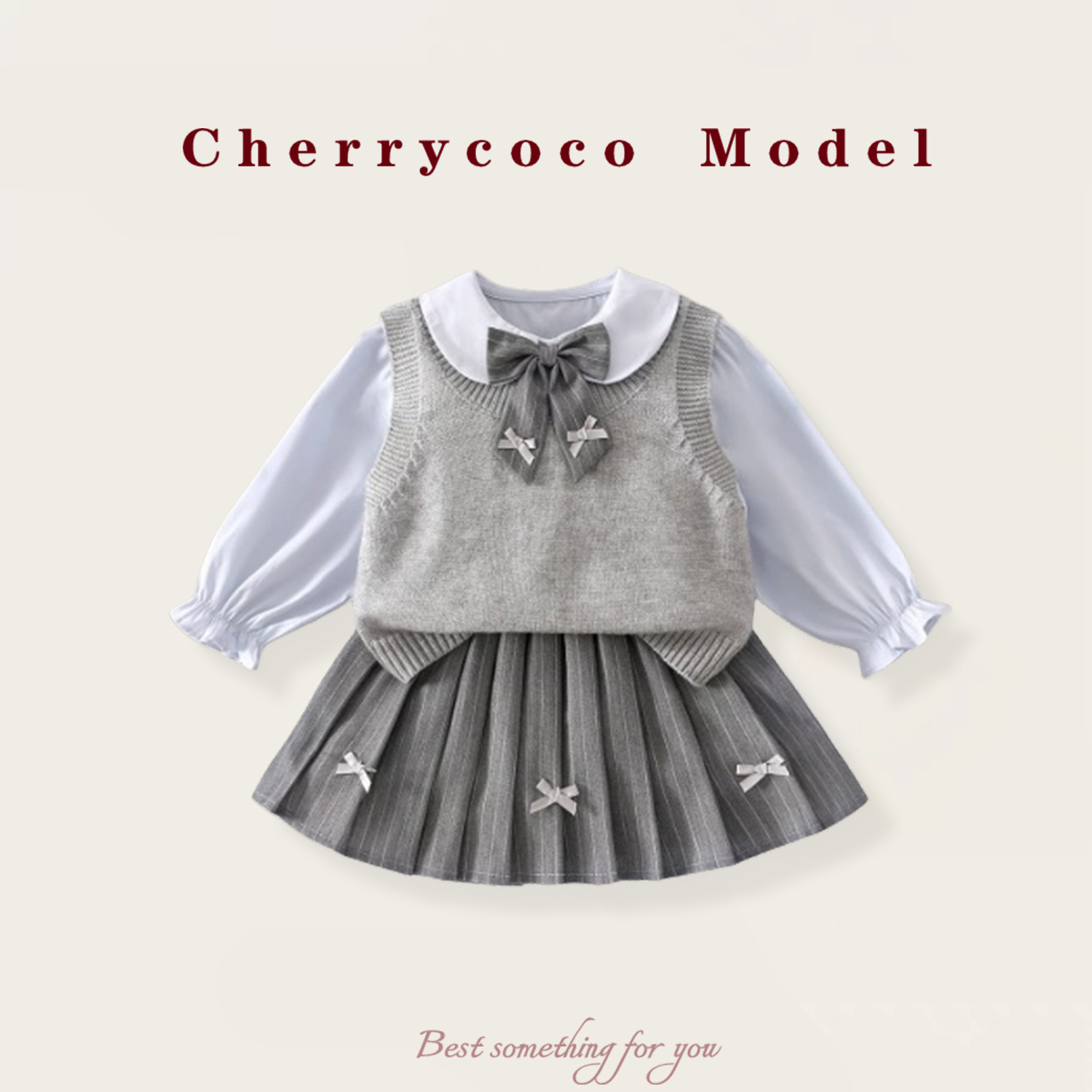 Cherrycoco Girls Preppy Style Suit 2025 Autumn New Kidsren's Princess Skirt Knitted Vest Four-Piece Set