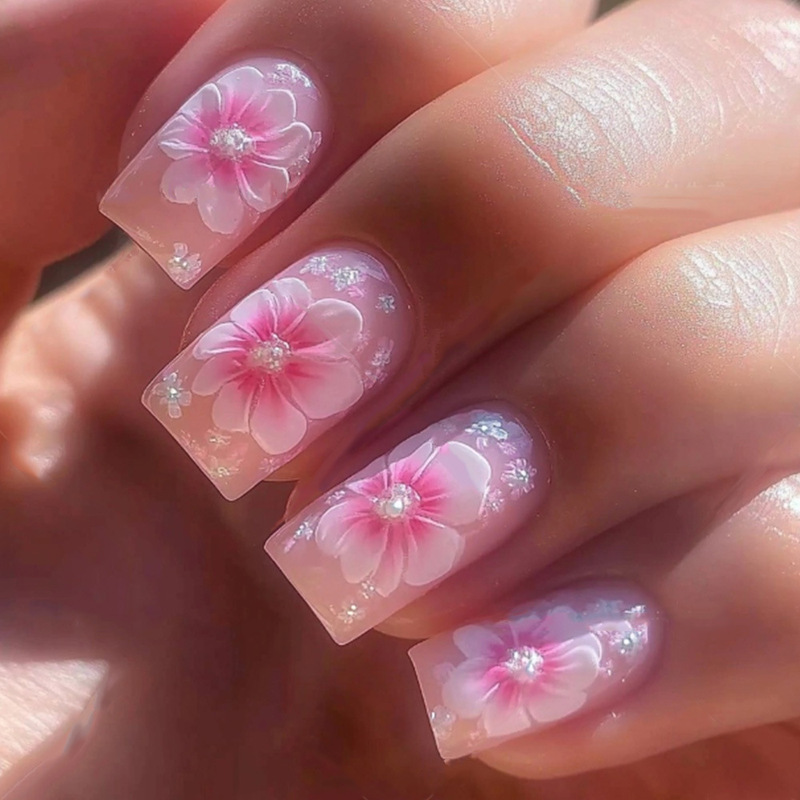 European and American Hot-Selling Chinese Square Nails Pink Ice Transparent Hawaiian Flower Wearable Nail Art Pieces Wholesale Press on Nails