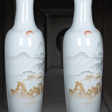 景德镇陶瓷器手绘旭日东升写意山水大花瓶落地客厅现代装饰品摆件