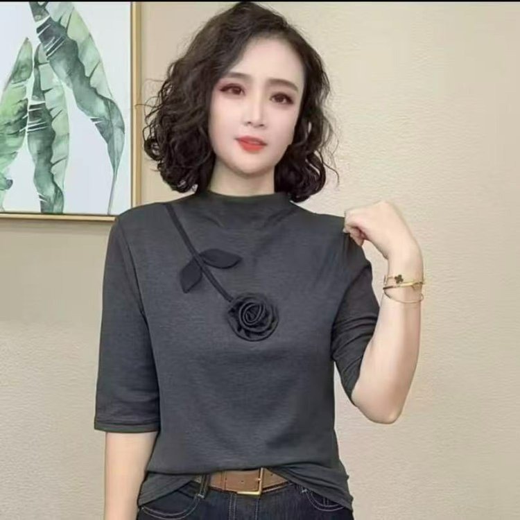 一件代发直播爆款2025早秋新款立体手工花中袖半高领气质百搭上衣|undefined