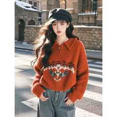 高级感费尔岛红色翻领卡通毛衣女2025新款春秋季针织上衣宽松外穿