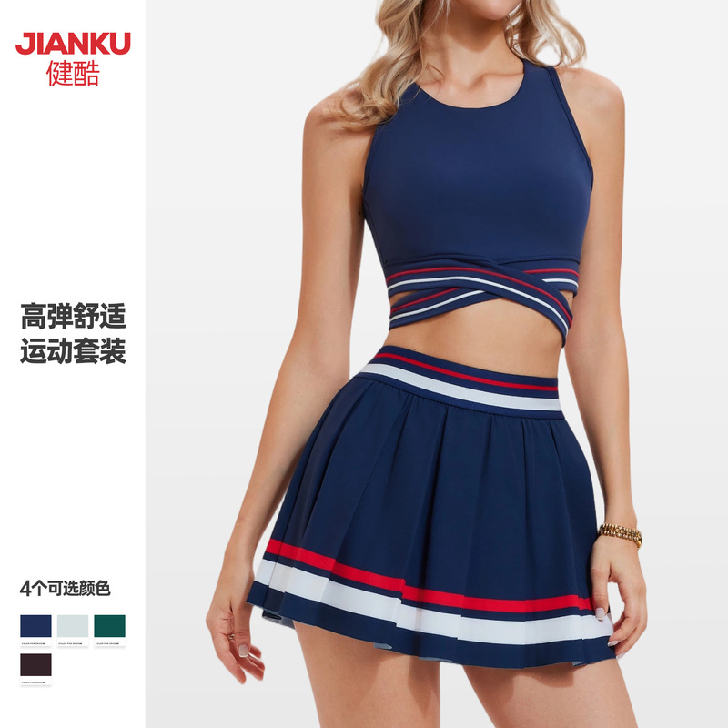 European and American New Style Sports Bra for Women, High Elasticity, Anti-Exposure, Two-Piece Yoga Short Skirt, Breathable Tennis Outfit Set