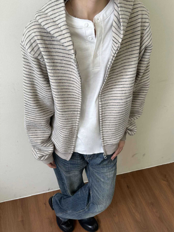 EME 早秋新款条纹绒感舒适通勤日常拉链休闲连帽宽松boxy卫衣男女|undefined