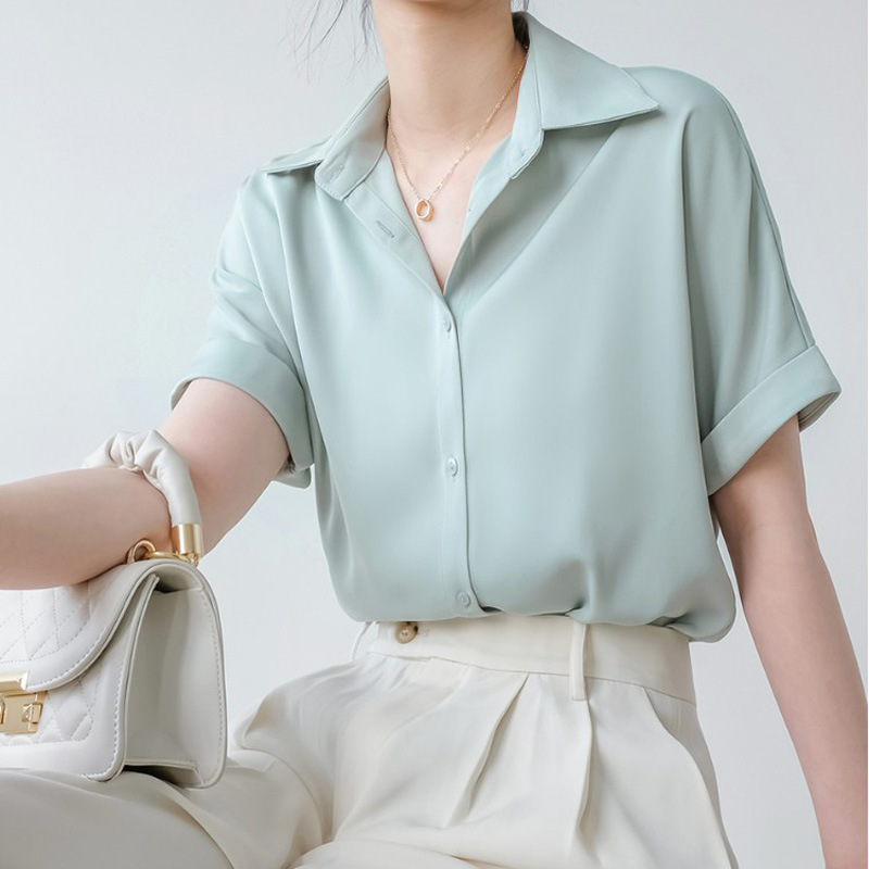 奶绿短袖衬衫女设计感宽松日系百搭基础夏垂感质感上衣小个子