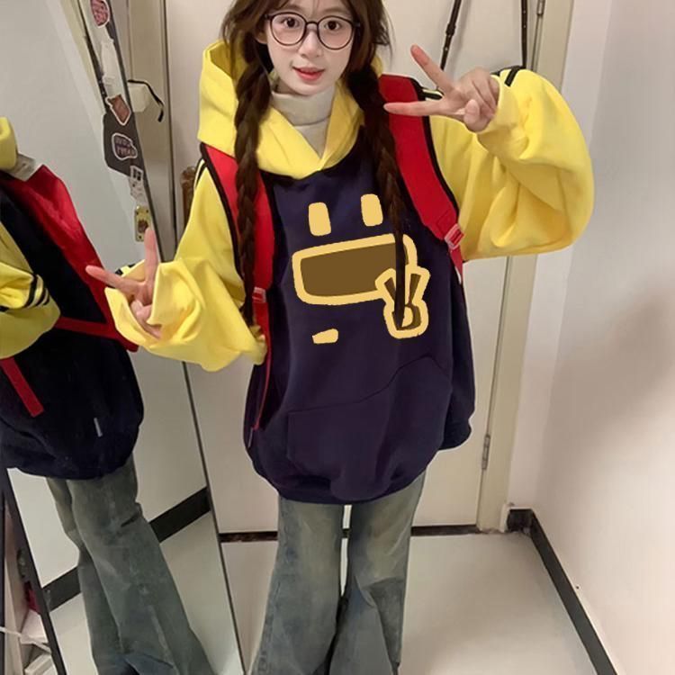 国潮美式撞色条纹印花连帽卫衣女秋冬新款宽松情侣设计感上衣外套|undefined