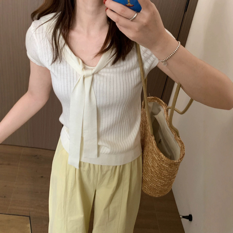 Personalized Collar Tie Knitted Elastic Short-Sleeved Women's 2026 Summer New Slim Fit T-Shirt Korean Style Elegant