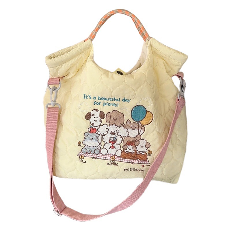 M31224 estilo coreano suave lindo bordado acolchado algodón bolsa de mensajero gran capacidad portátil compras bolso cercanías