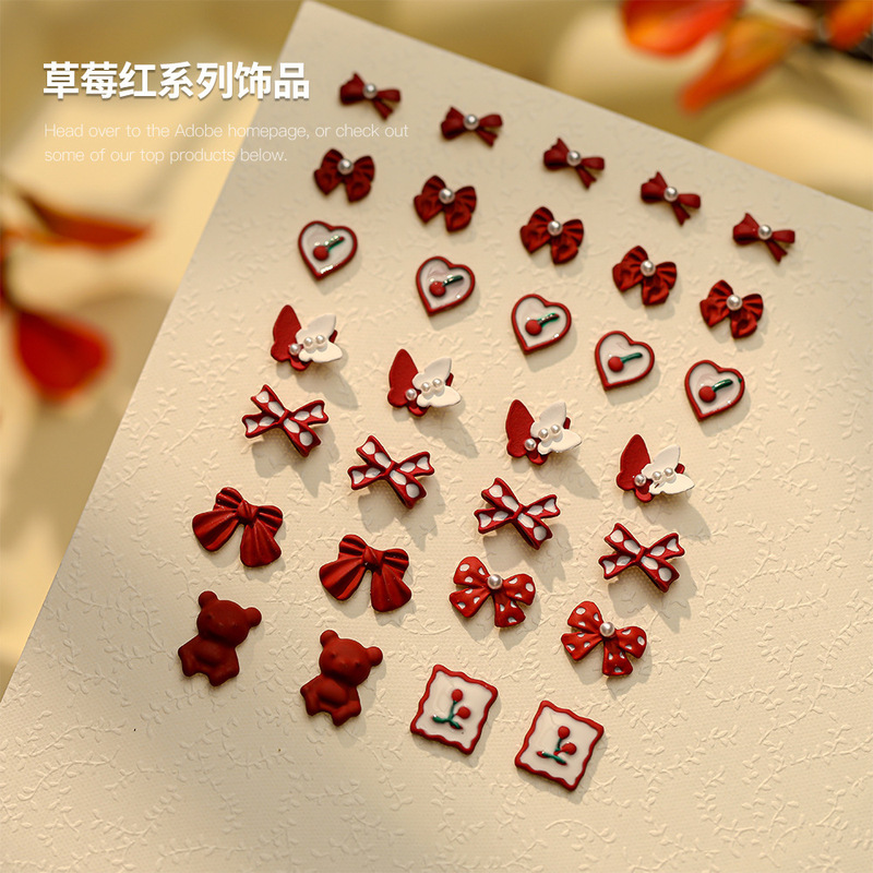 Strawberry Red Series Nail Art Accessories Bowknot Bear Heart Picture Frame Wearable Nail Decorations Wholesale Nail Art Photo Frame Strawberry Red Series Nail Art Accessories Bowknot Bear Heart Picture Frame Wearable Nail Decorations Wholesale Nail Art Photo Frame