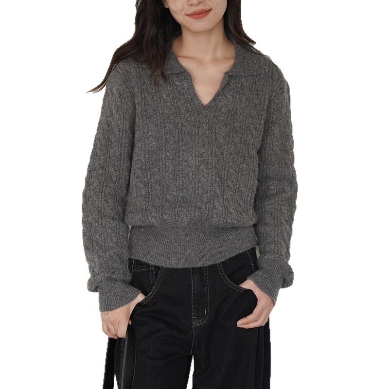 EIGHTHMONTH灰色polo领麻花毛衣女冬季宽松复古套头外穿针织上衣|undefined