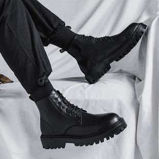 Martin Boots Men's British Style High-top Boots Autumn Men's Shoes New Mid-top Heightening Leather Shoes Black Chelsea Ankle Boots