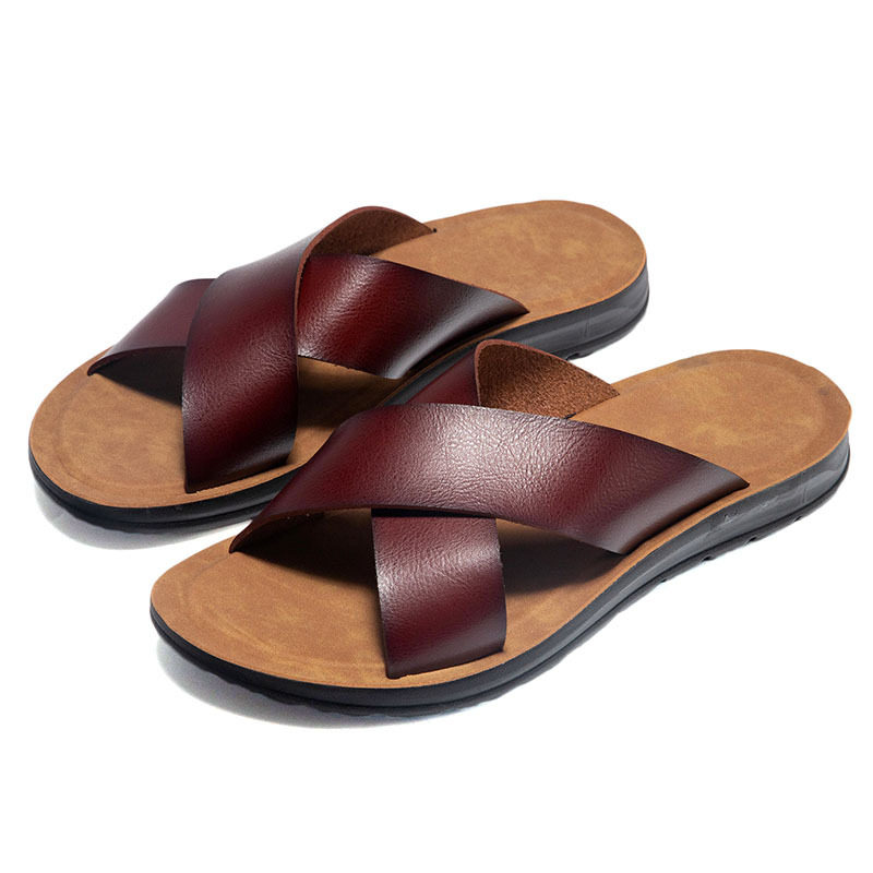 Dép sandal nam quai ngang hở mũi thoáng khí chống trơn trượt — Màu trắng, Nâu Đen, Nền màu nâu xám, Vàng đất