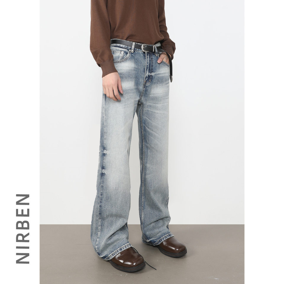 Quần jean nam ống loe nhẹ dáng rộng thoải mái, vải denim xử lý bạc màu — màu xanh, màu xanh nhạt, màu xám đen