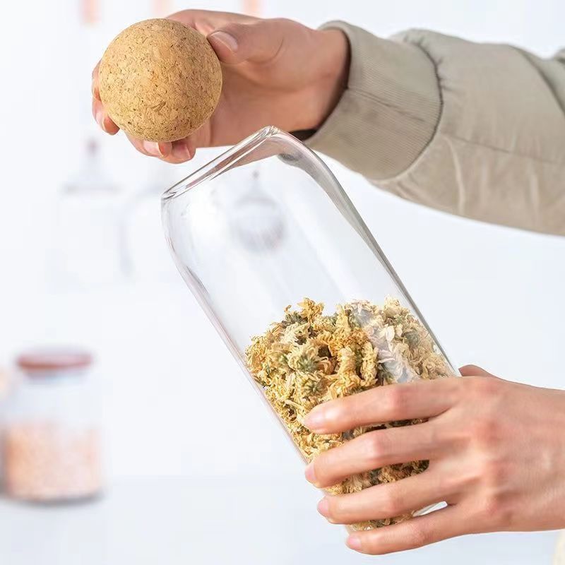 Tanque de almacenamiento de grado alimenticio al por mayor de fábrica, tanque sellado de té de almacenamiento, tanque de vidrio de corcho de bola transparente de gran capacidad