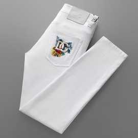 白色男裤子中腰直筒长裤商务休闲长裤高端时尚刺绣高档男裤潮春秋