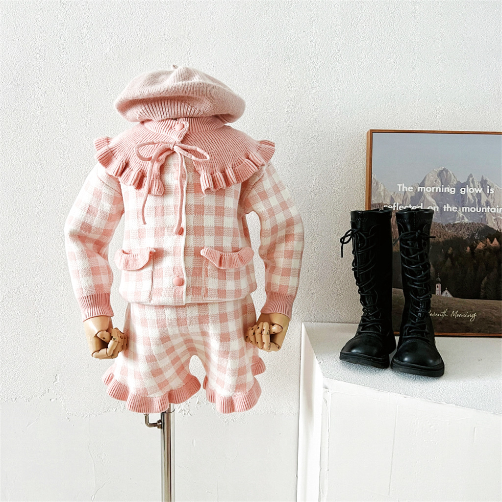 2024 Ediție coreeană nouă, guler toamnă/iarnă, pulover pentru fete, pantaloni scurți, stil la modă, carouri_voghion.com