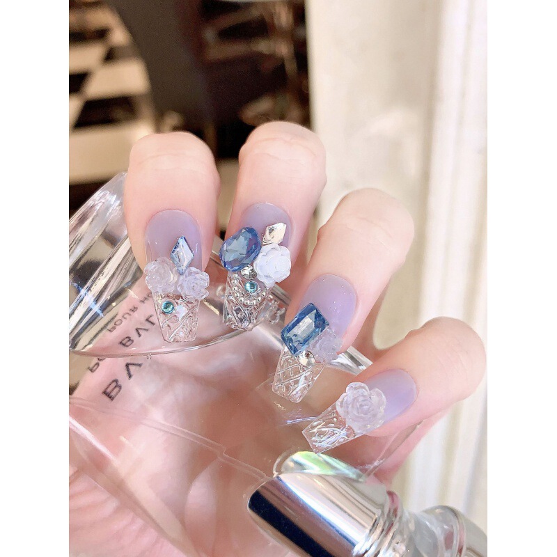 [original Real Shot] Purely Handmade Wearable Nails Internet Celebrity Blue Gradient Ice Seal Rose Manicure Patch Flash Diamond